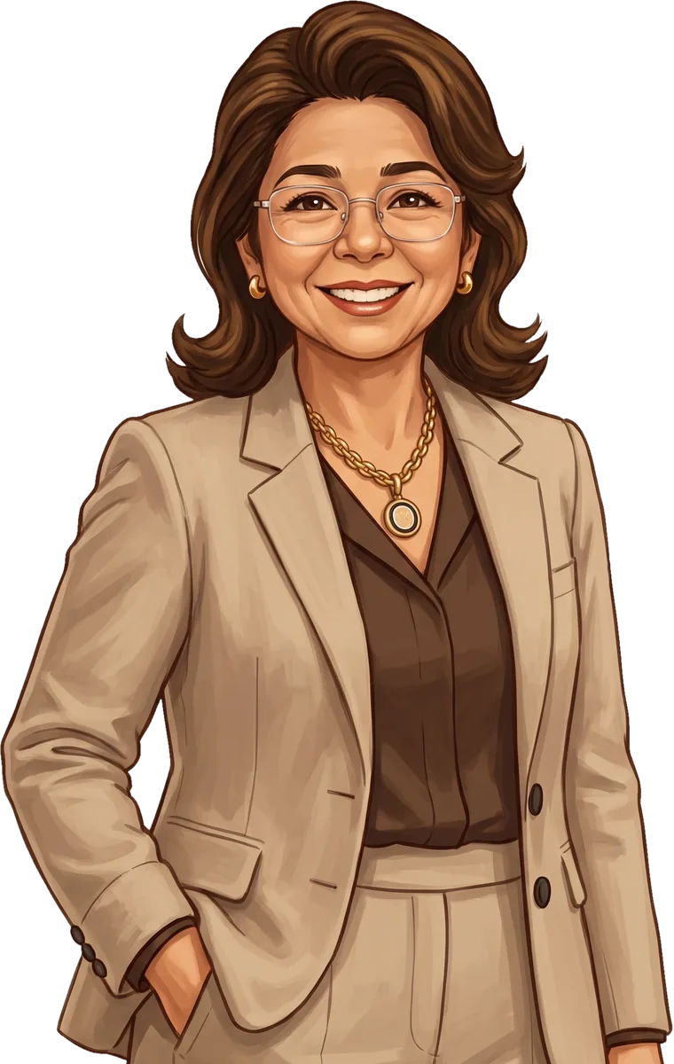 Ilustração da Márcia Leiko sorrindo, de óculos, blazer bege e blusa marrom, com a mão no bolso.