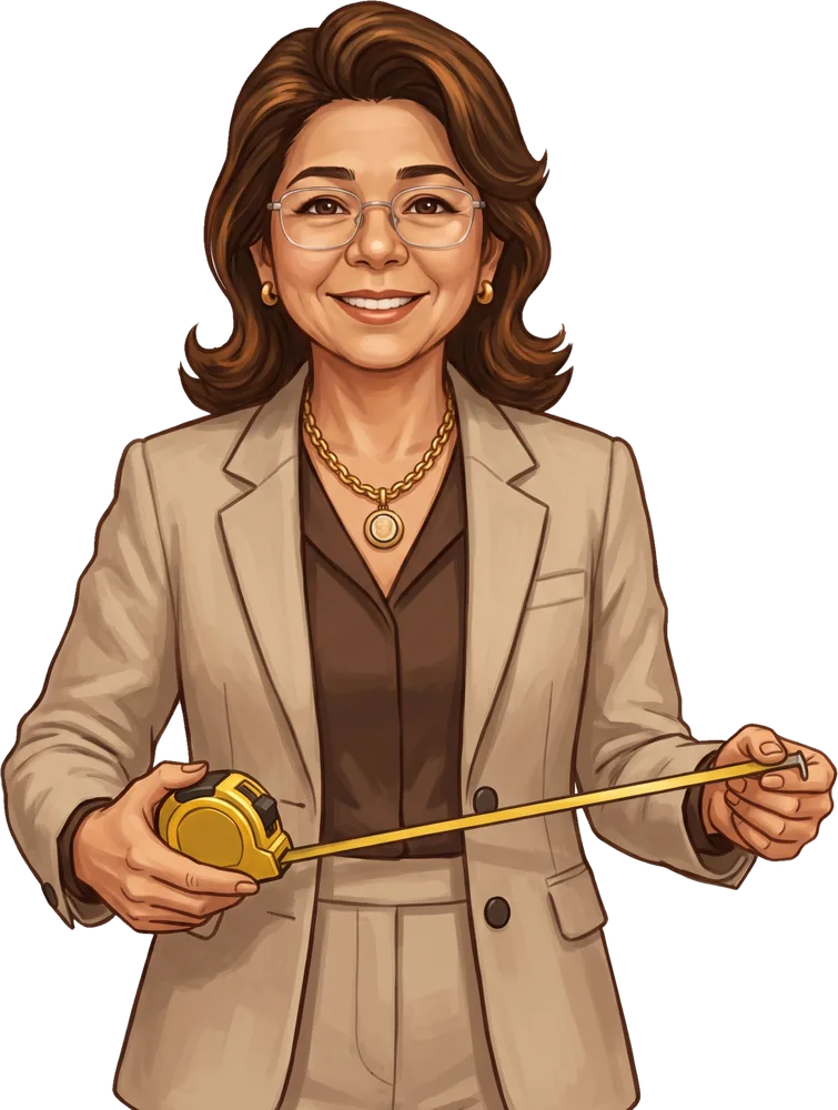 Ilustração da Márcia Leiko medindo com uma trena amarela.